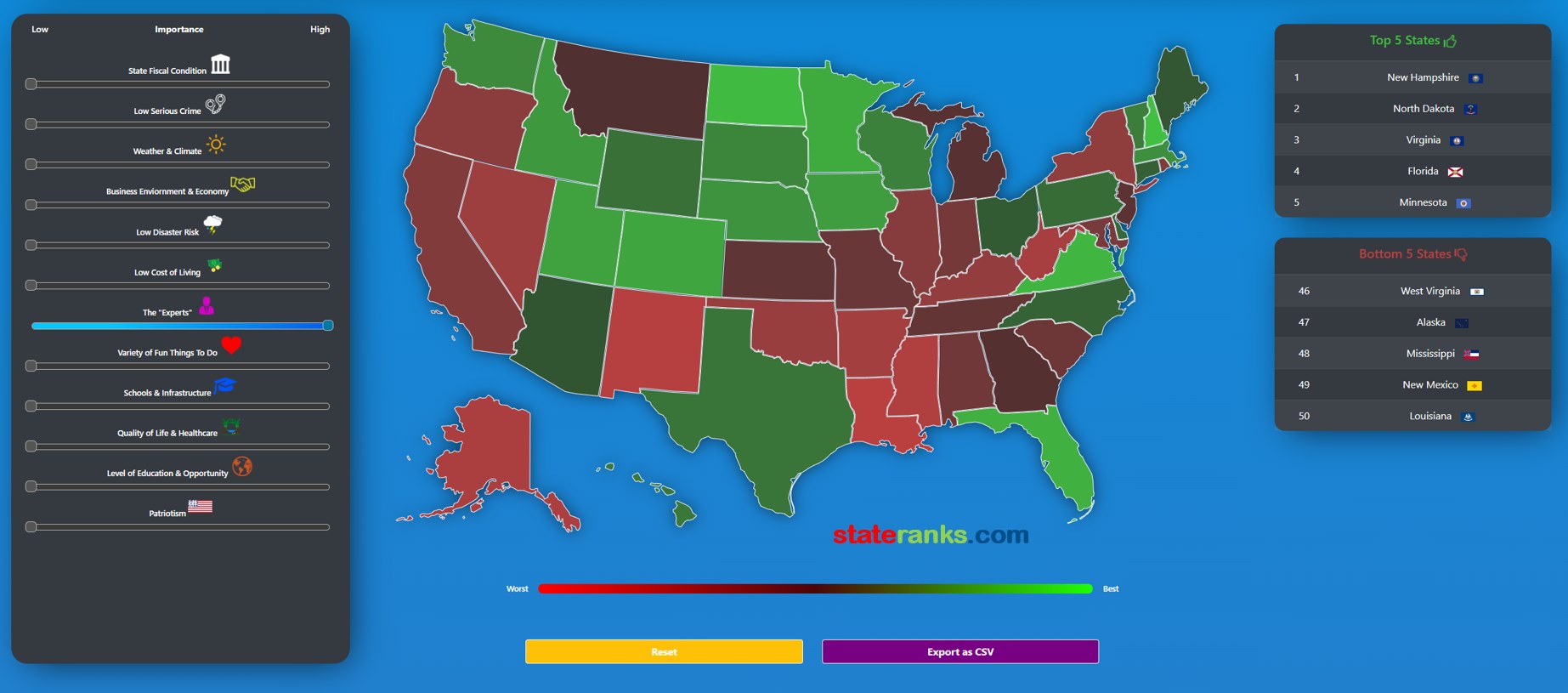 rank best states to live in or retire based on top expert ranking sources united states map 